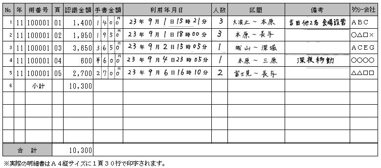 一般チケットの明細書見本