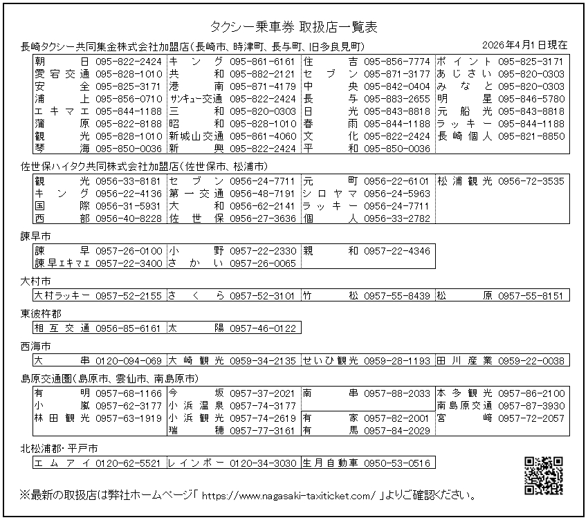 タクシー乗車券 取扱店一覧表 タクシー乗車券